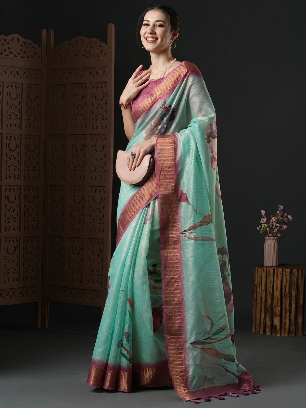 Juniper Green Floral Organza Saree
