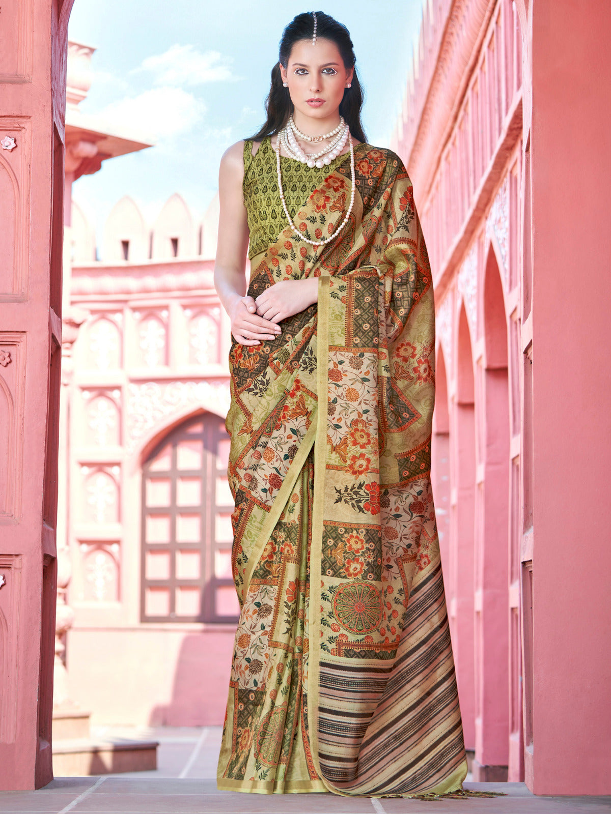 Green Shade Printed Banarasi Silk Saree