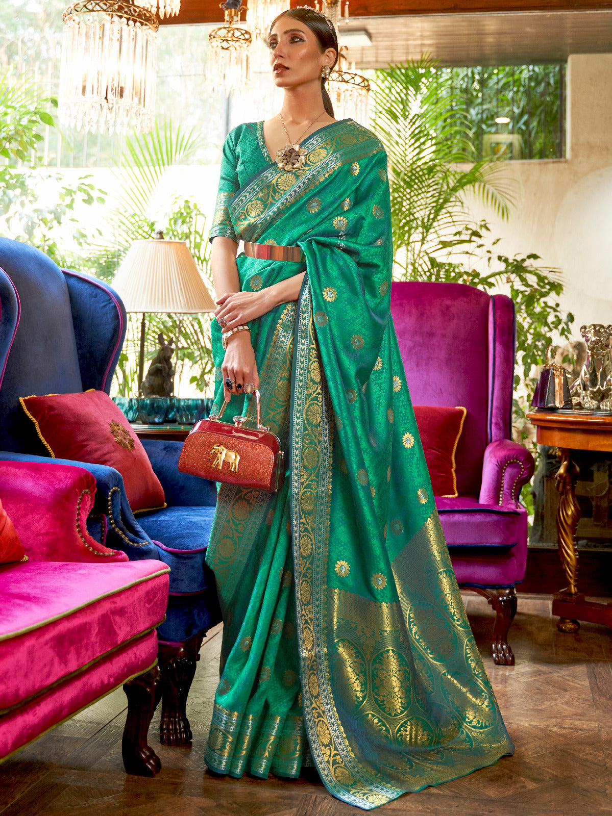 Teal Blue Floral Banarasi Silk Saree