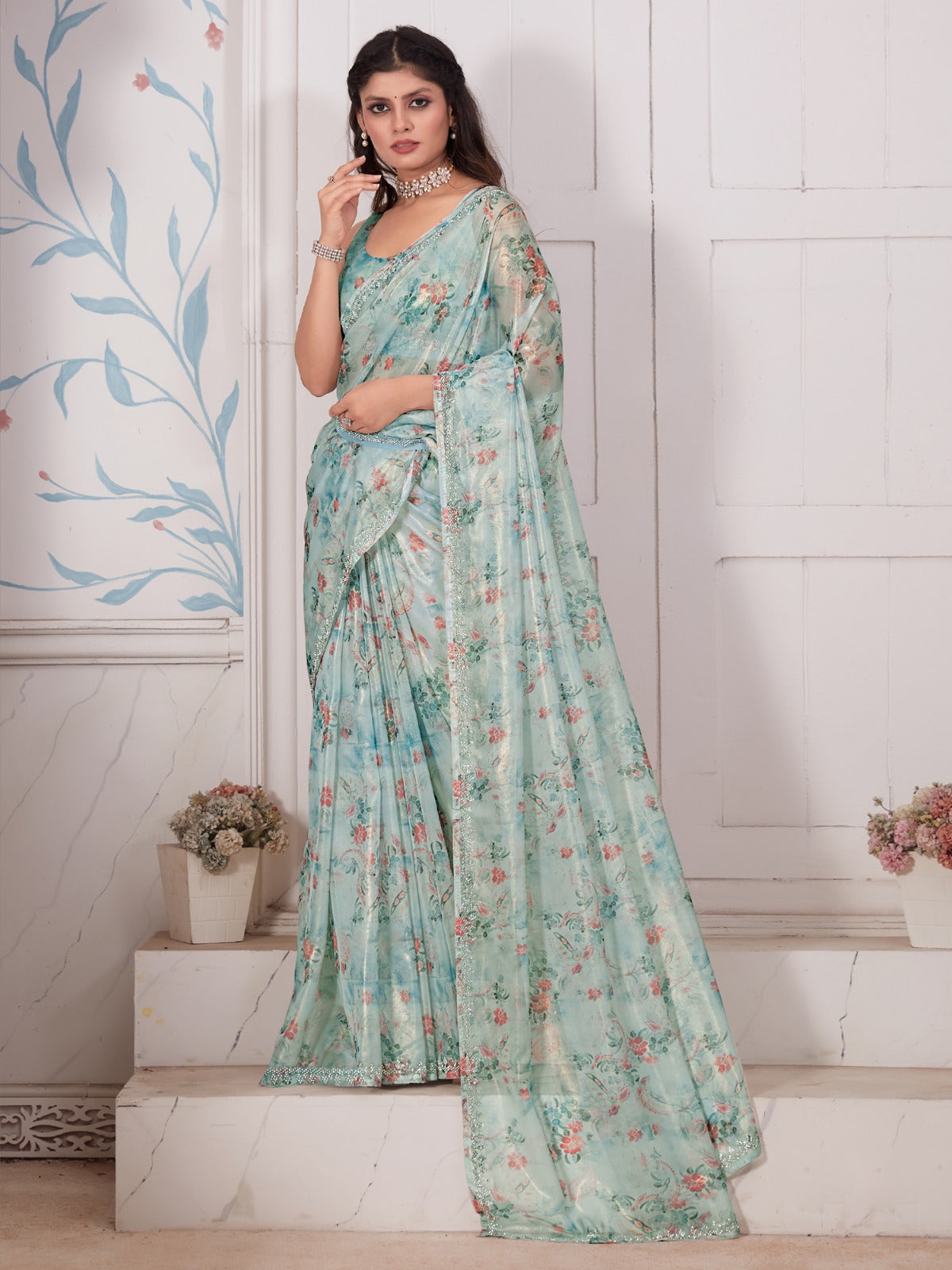 Sea Blue Organza Saree