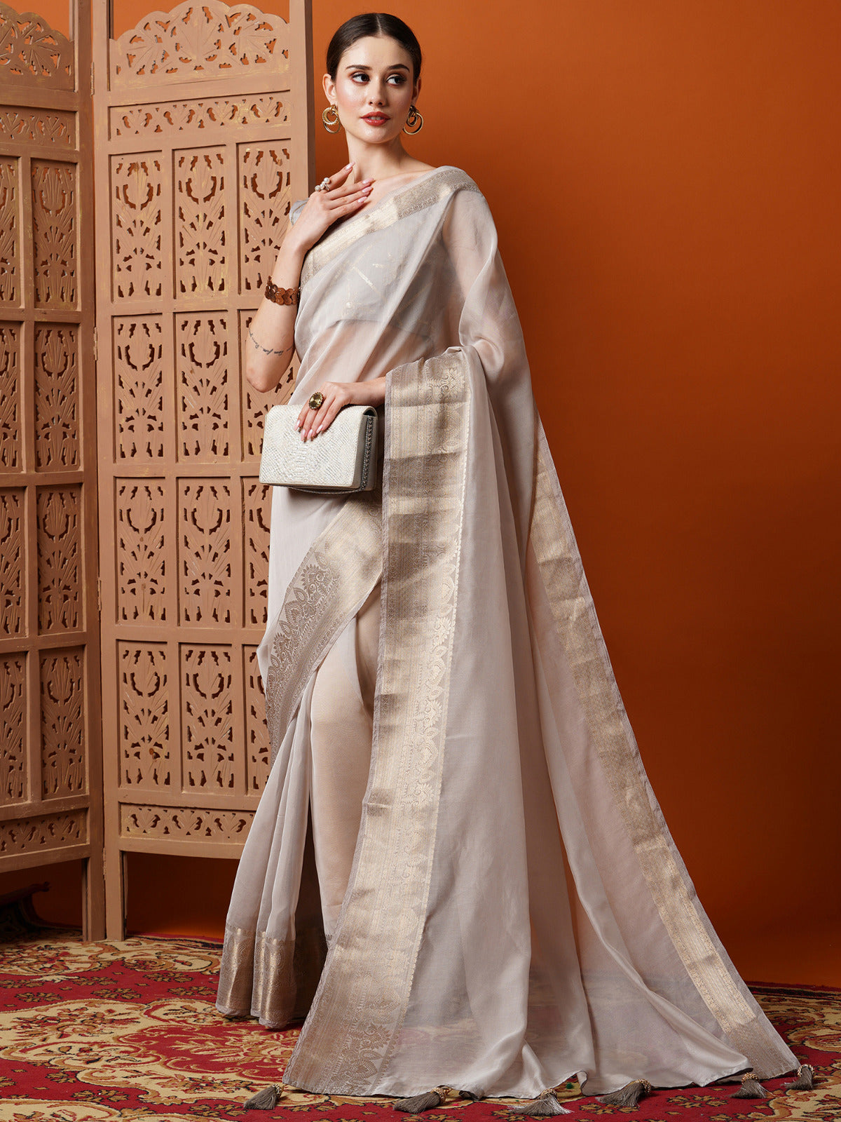 Steel Grey Woven Organza Saree