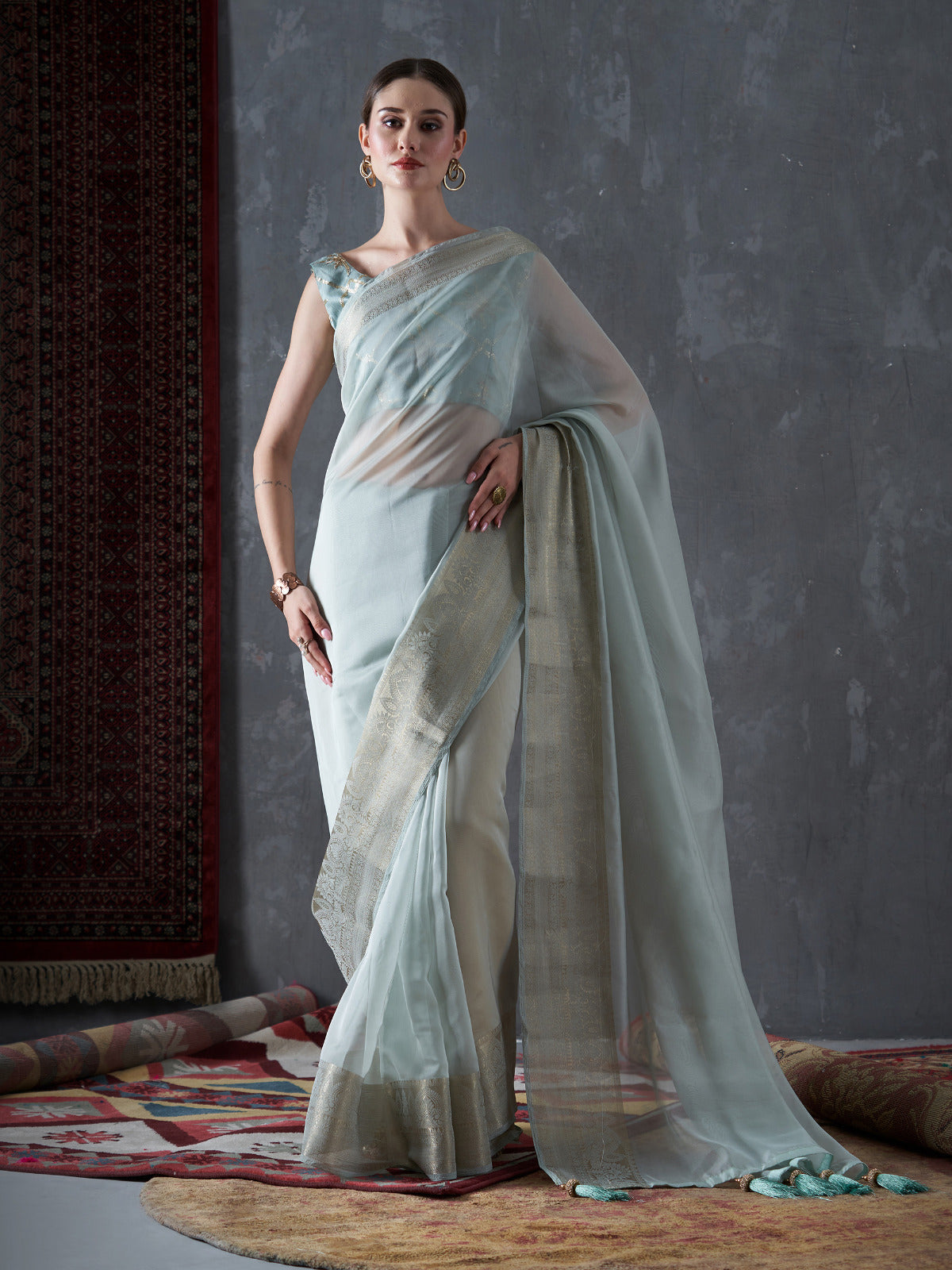 Sky Blue Woven Organza Saree