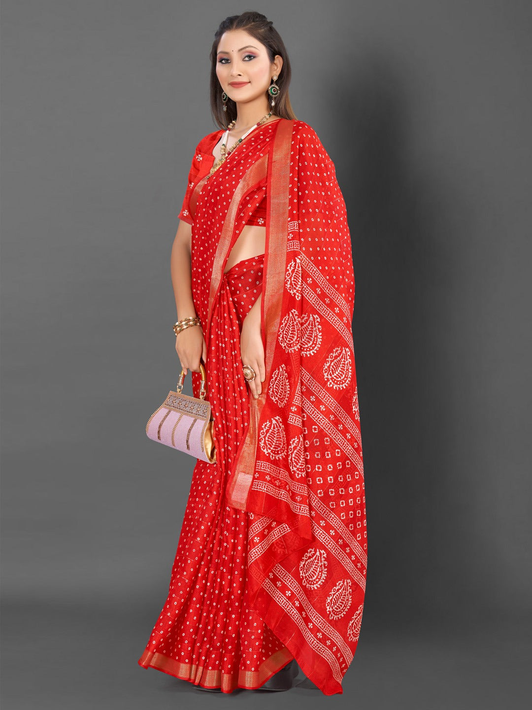 Bright Red Bandhani Silk Saree
