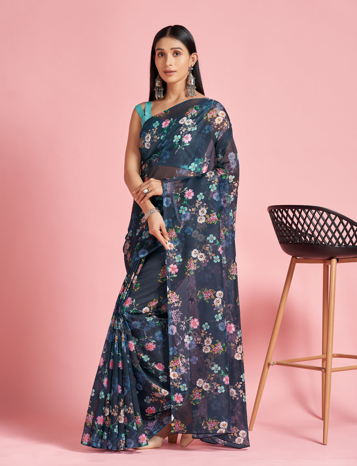 Navy Blue Floral Organza Saree
