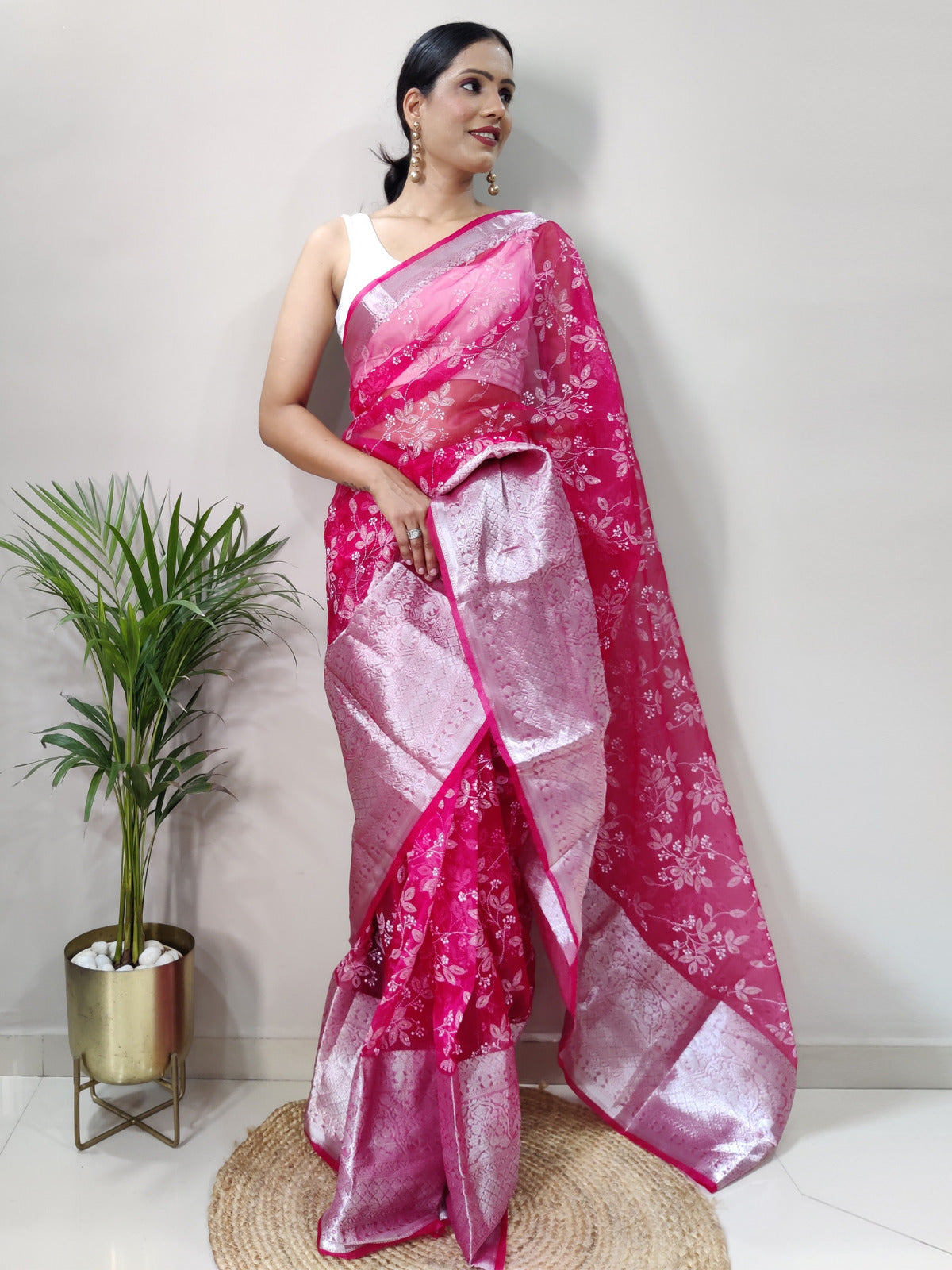 Hot Pink Botanical Organza Saree