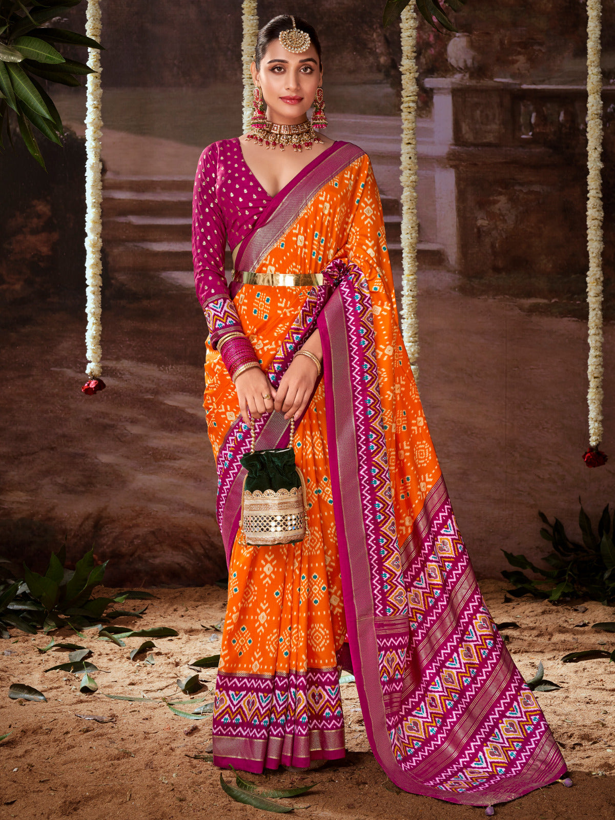 Tiger Orange Printed Tussar Silk Ikat Saree