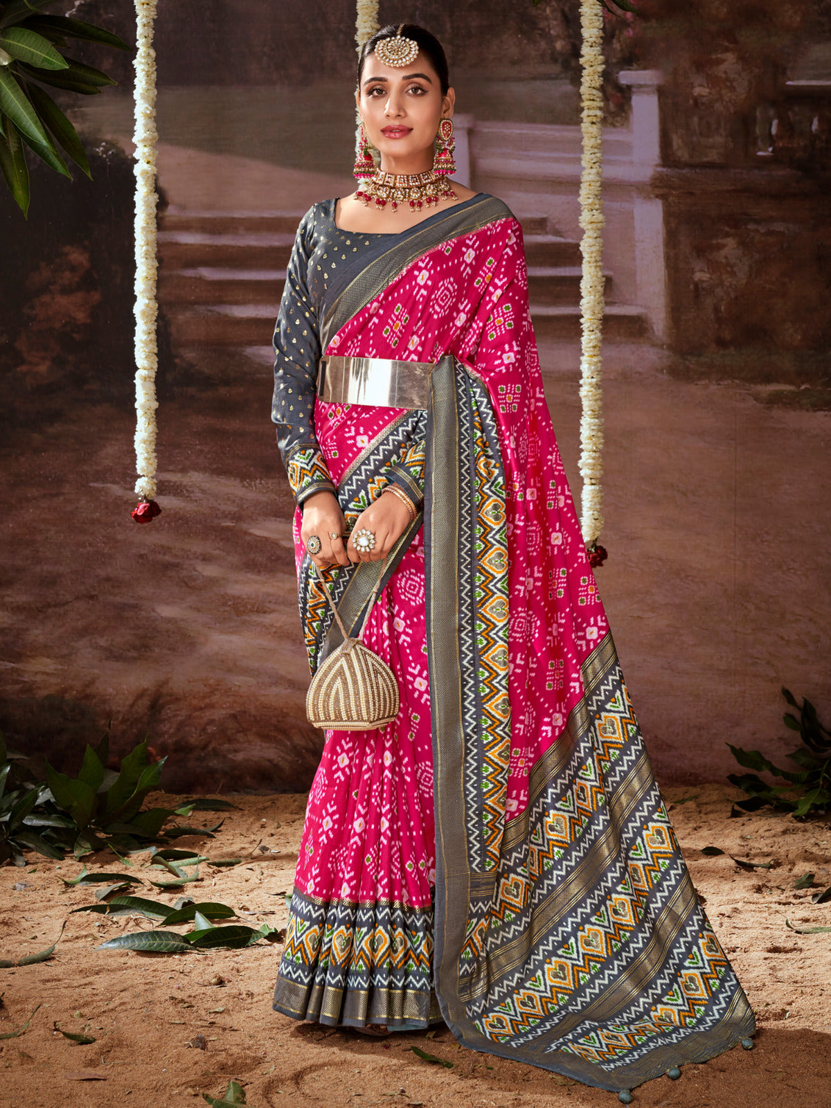 Bubblegum Pink Printed Tussar Silk Ikat Saree