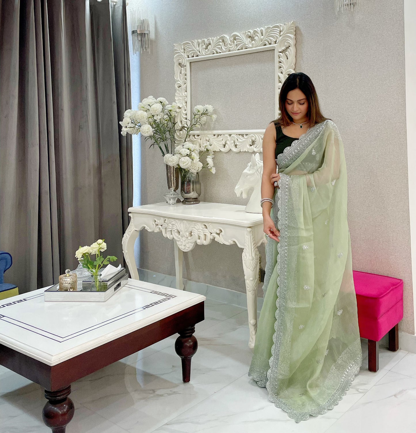 Light Green Sequins Organza Saree