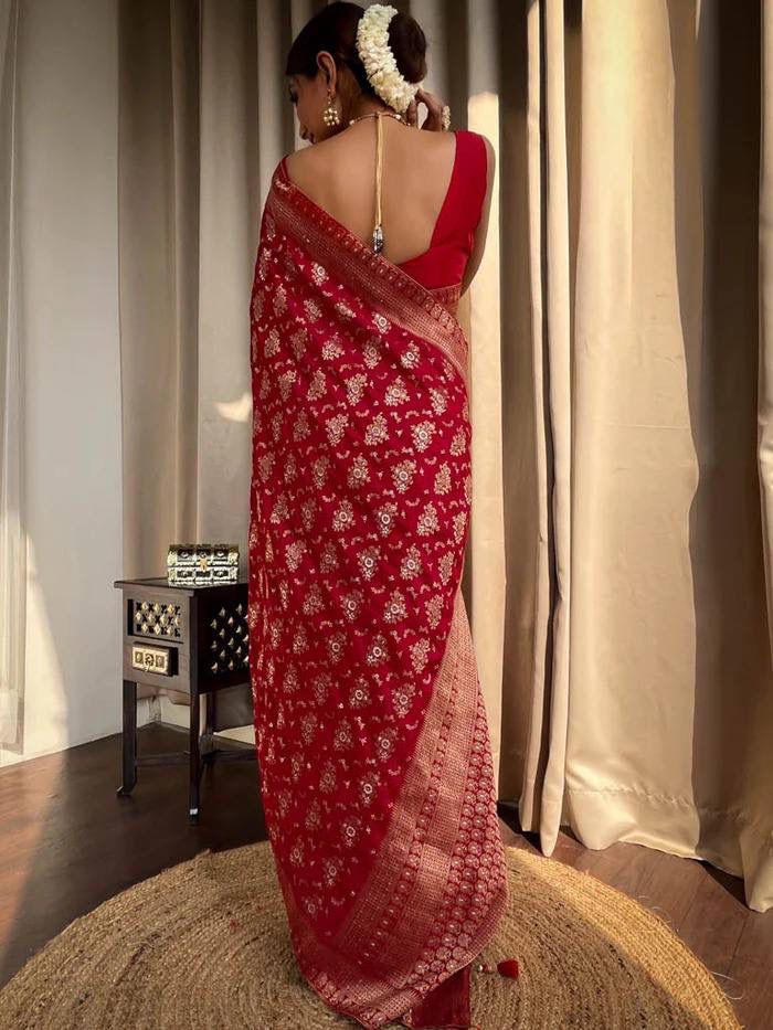 Bright Red Woven Banarasi Silk Saree