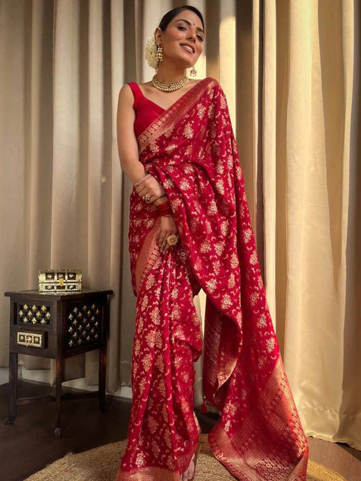 Bright Red Woven Banarasi Silk Saree