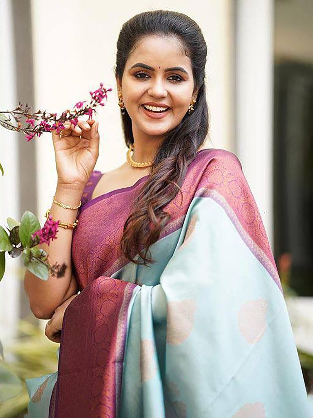 Sky Blue & Red Woven Kanjivaram Silk Saree