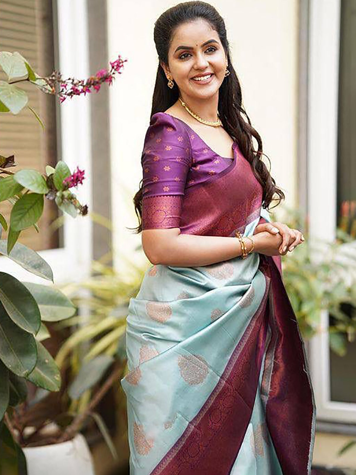 Sky Blue & Red Woven Kanjivaram Silk Saree