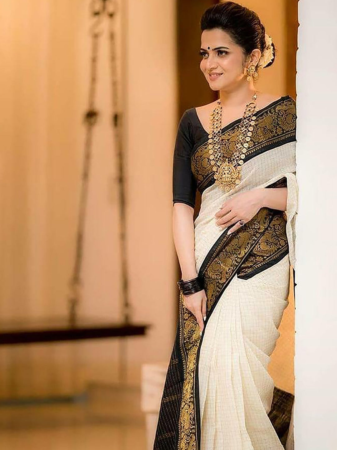 White & Green Woven Banarasi Saree