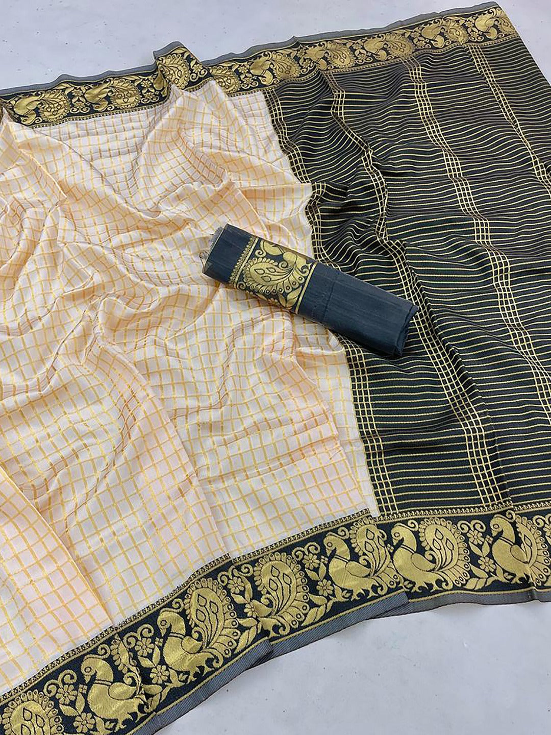 White & Green Woven Banarasi Saree