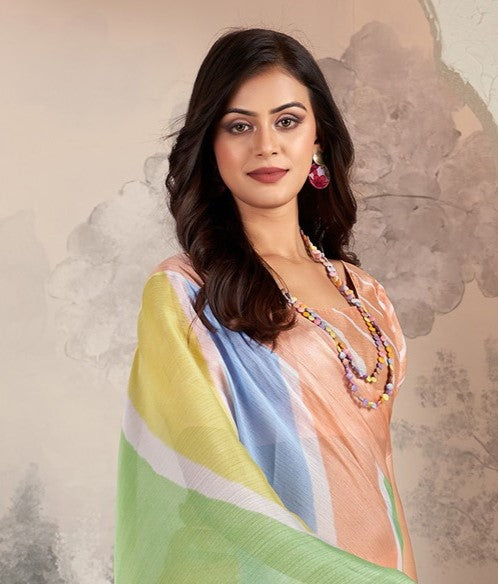 Peach Orange Printed Chiffon Leheriya Saree
