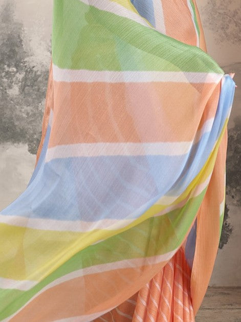 Peach Orange Printed Chiffon Leheriya Saree