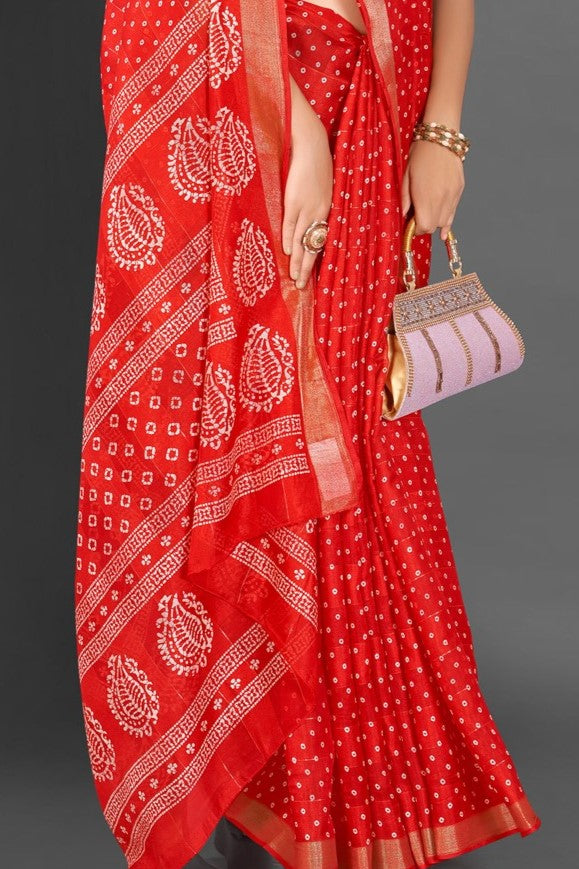 Bright Red Bandhani Silk Saree