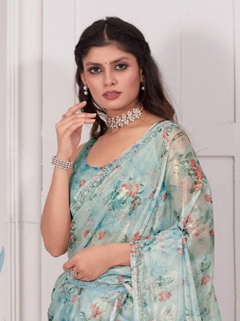 Sea Blue Organza Saree