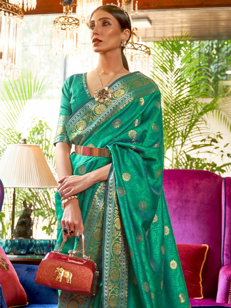 Teal Blue Floral Banarasi Silk Saree