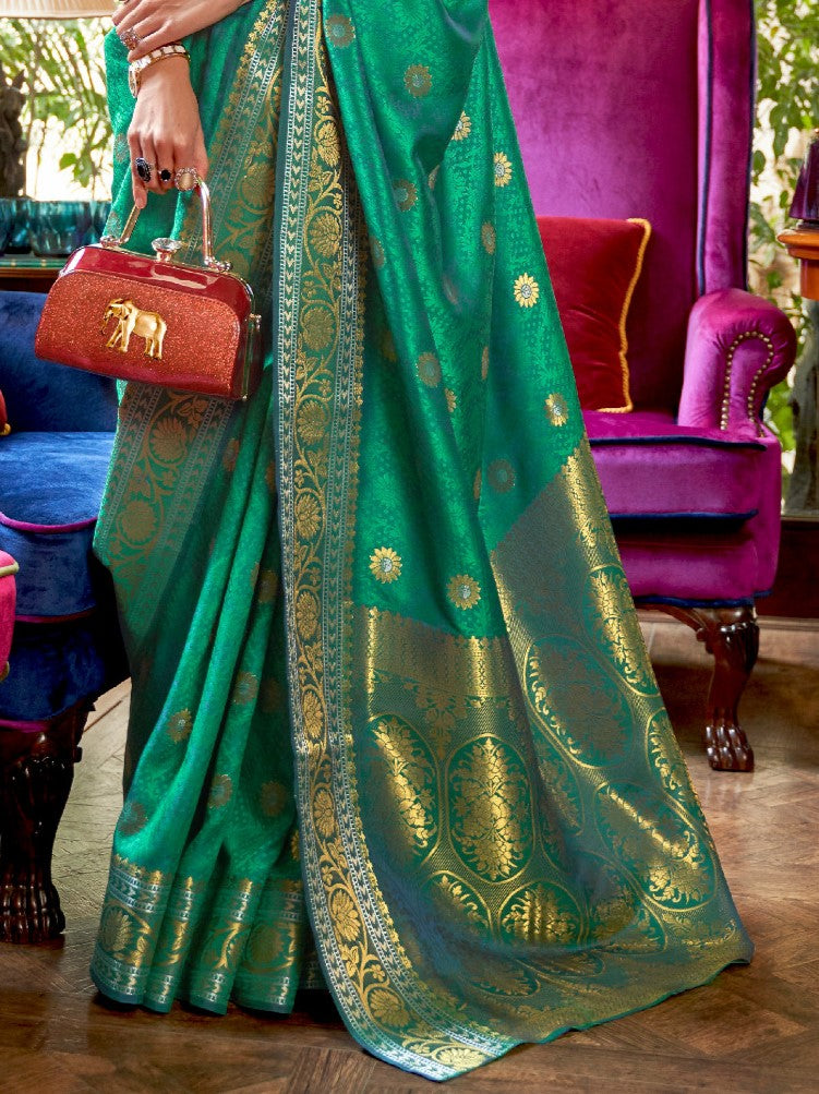 Teal Blue Floral Banarasi Silk Saree