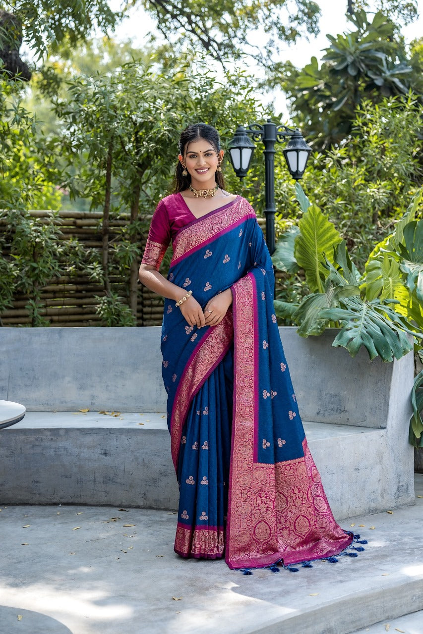 Azure Blue Soft Banarasi Raw Silk Saree