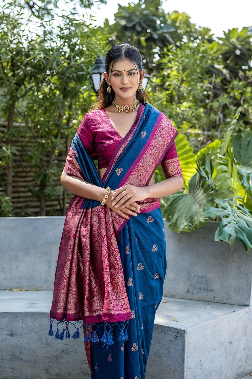 Azure Blue Soft Banarasi Raw Silk Saree