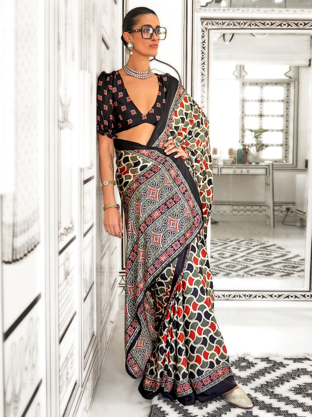 Black & Grey Printed Crepe Saree