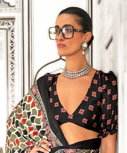 Black & Grey Printed Crepe Saree