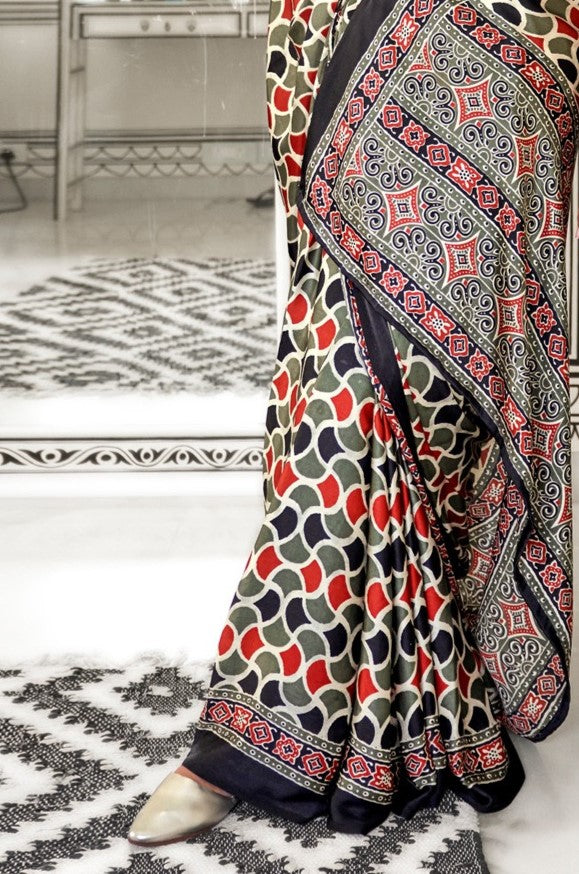 Black & Grey Printed Crepe Saree