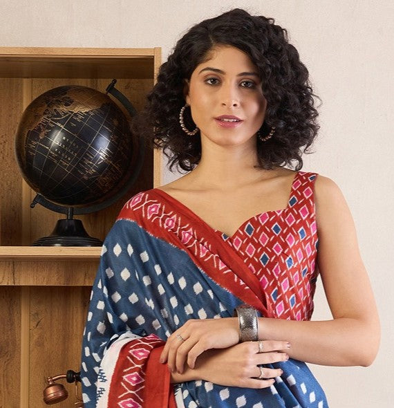 Blue & Red Printed Cotton Ikat Saree