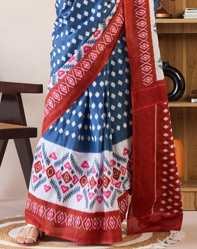 Blue & Red Printed Cotton Ikat Saree
