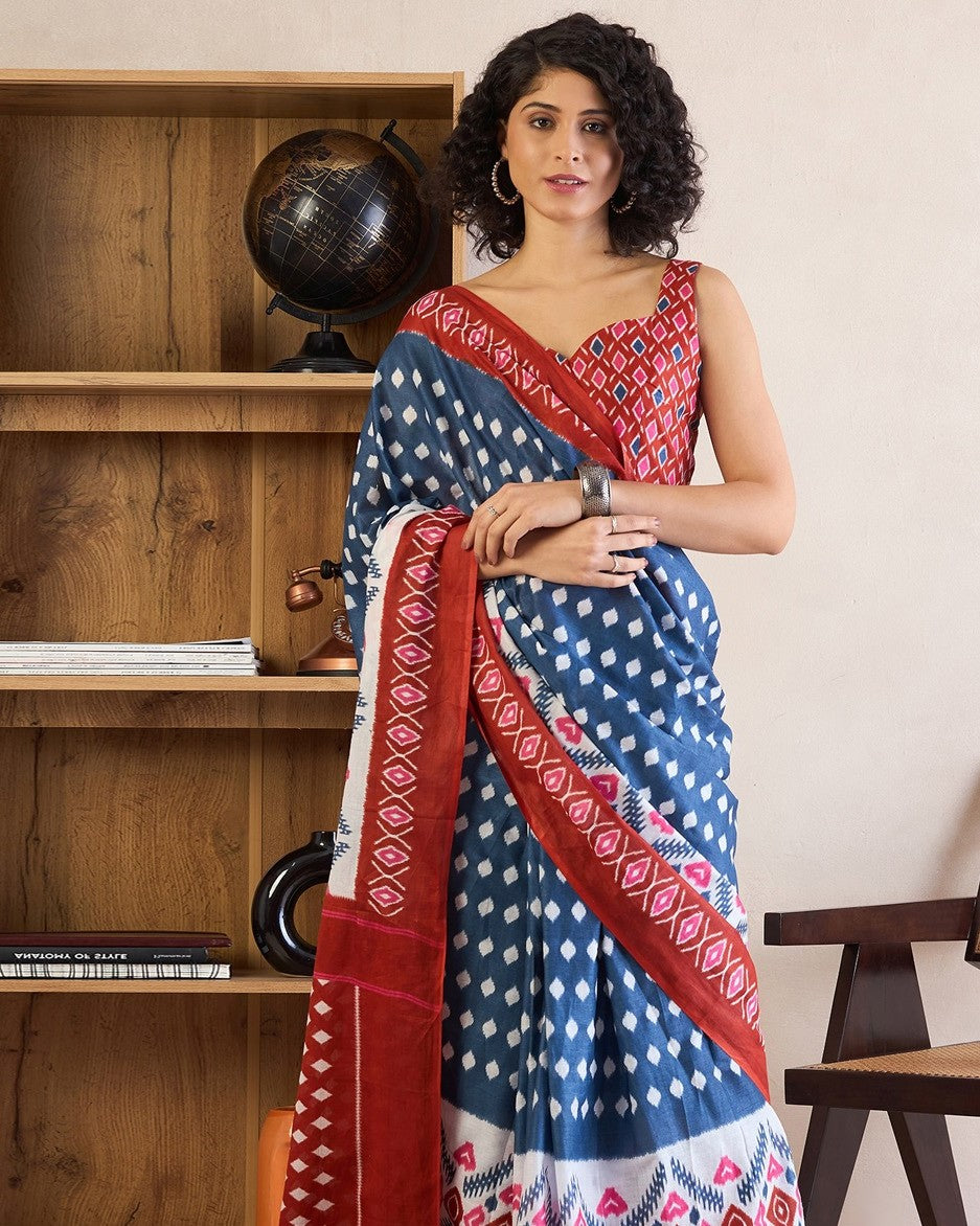 Blue & Red Printed Cotton Ikat Saree