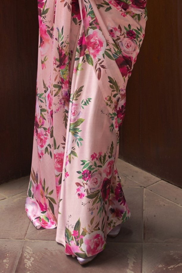 Blush Pink Printed Satin Silk Saree
