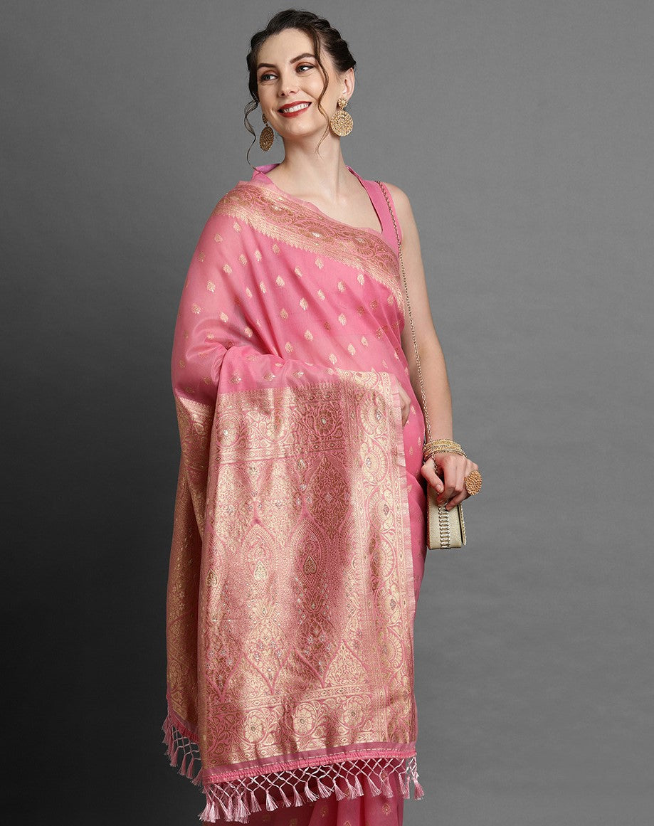 Brick Pink Woven Banarasi Saree