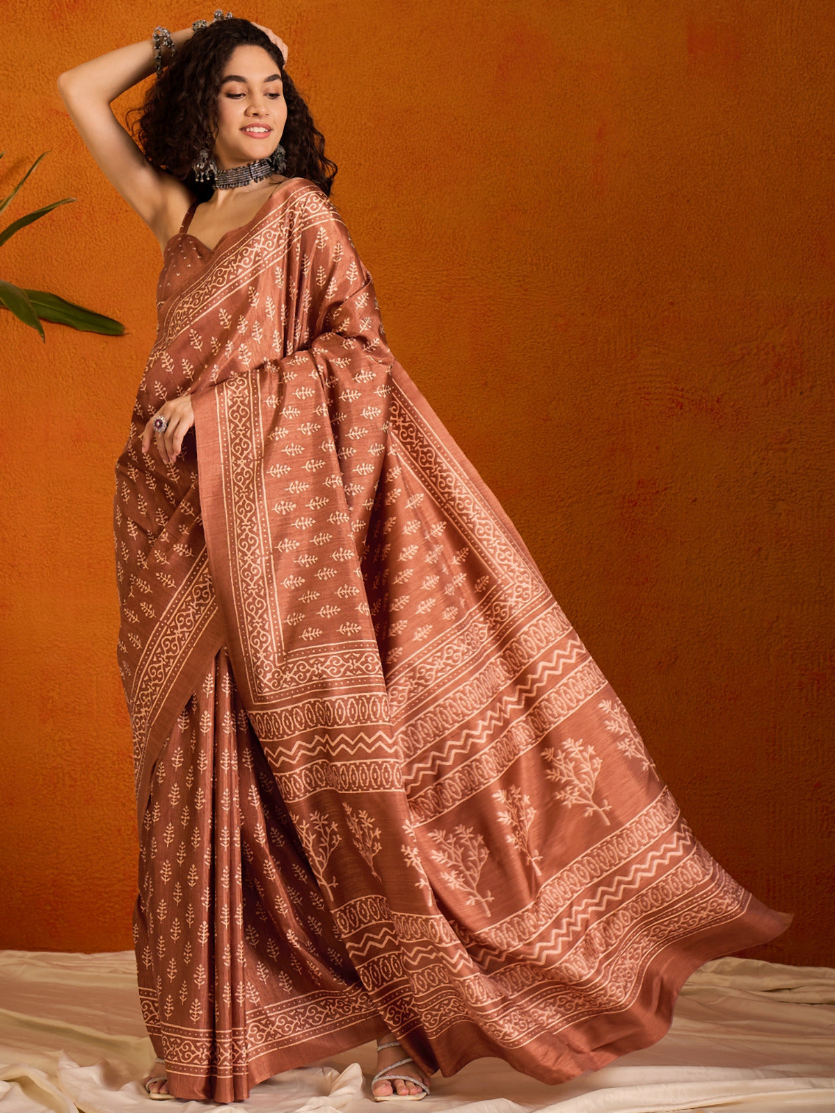 Bronze Orange Printed Bagh Cotton Saree