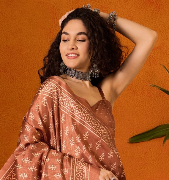Bronze Orange Printed Bagh Cotton Saree