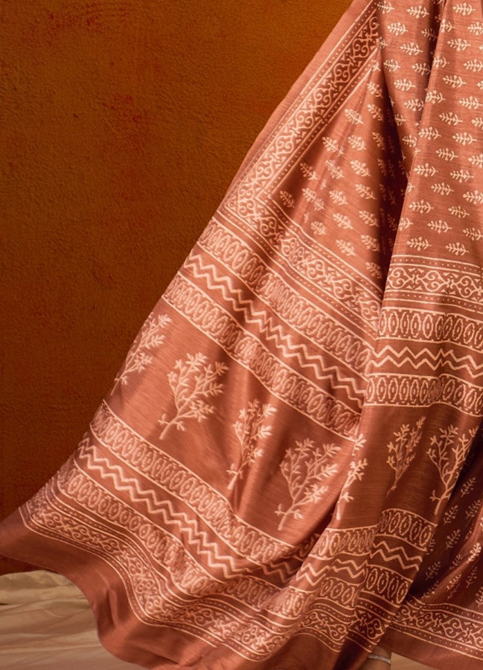 Bronze Orange Printed Bagh Cotton Saree