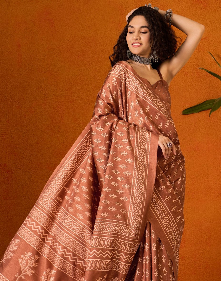 Bronze Orange Printed Bagh Cotton Saree