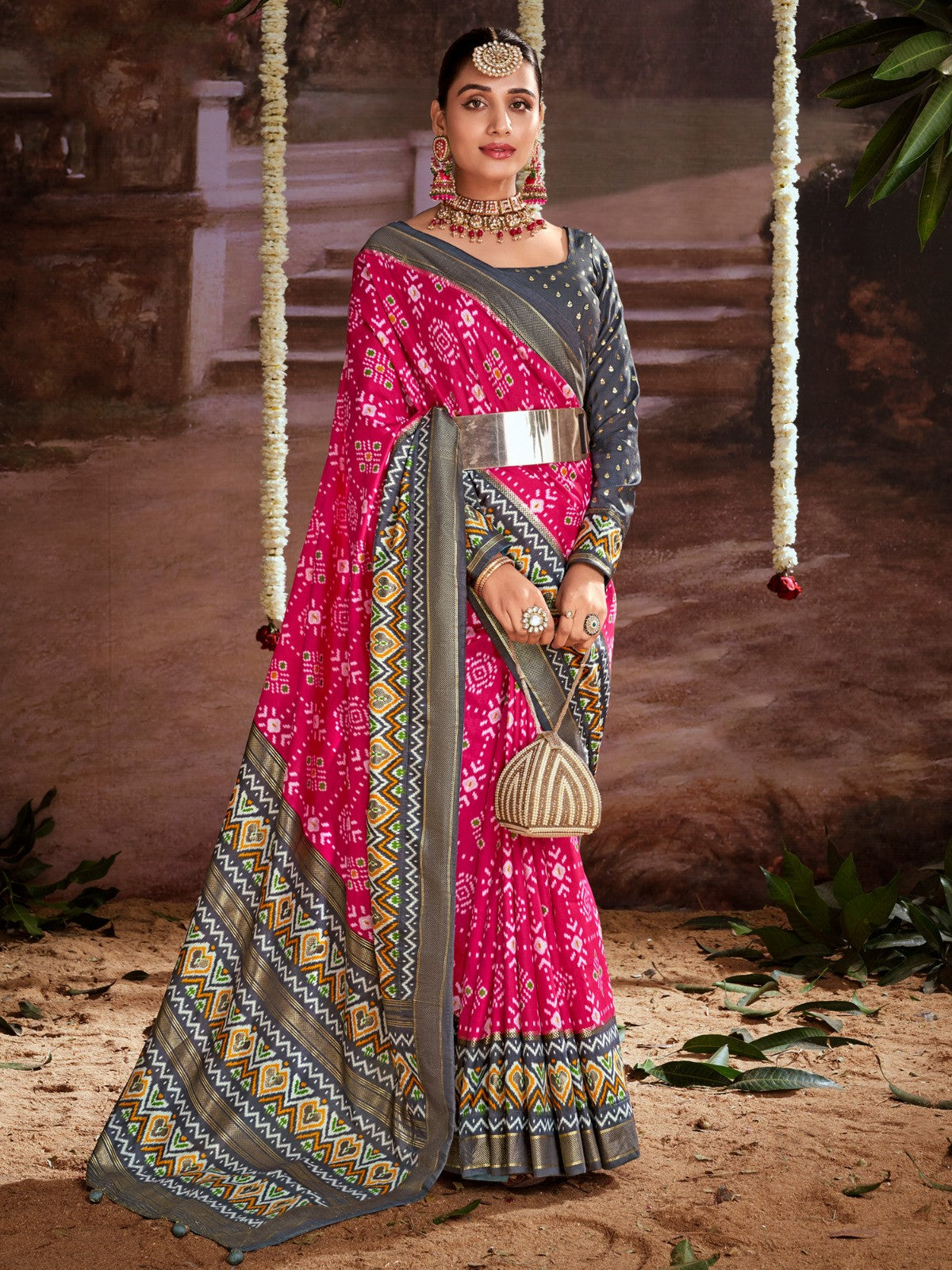 Bubblegum Pink Printed Tussar Silk Ikat Saree