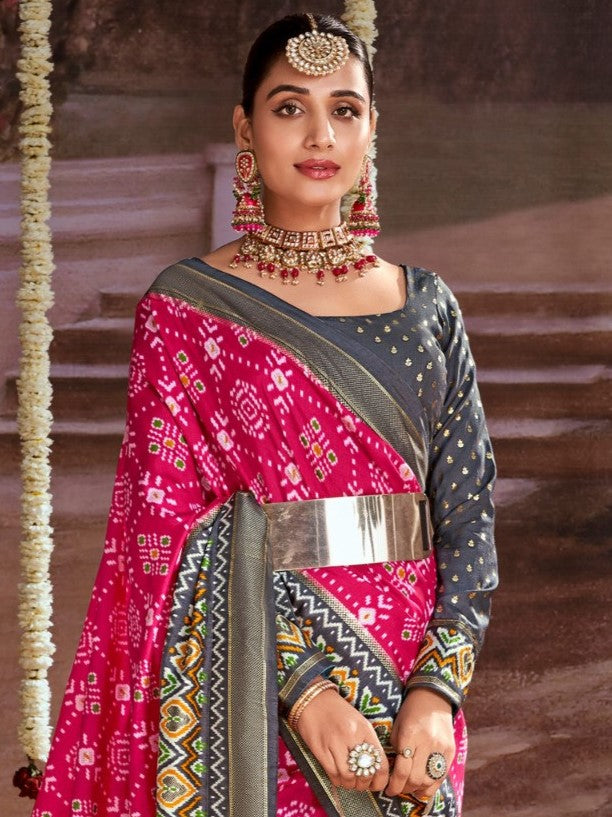 Bubblegum Pink Printed Tussar Silk Ikat Saree