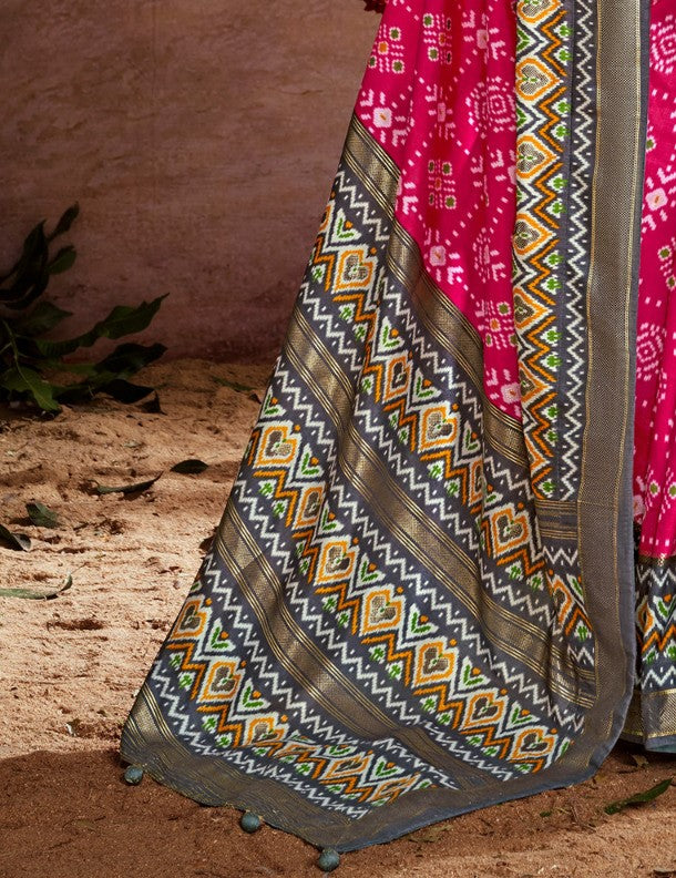 Bubblegum Pink Printed Tussar Silk Ikat Saree