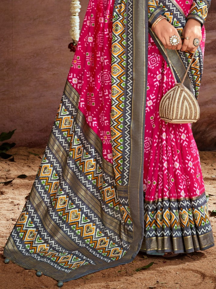 Bubblegum Pink Printed Tussar Silk Ikat Saree