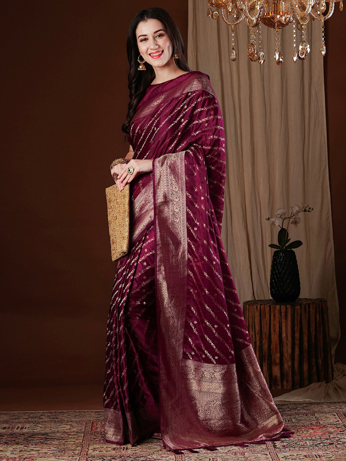 Burgundy Red Woven Kanjivaram Silk Saree