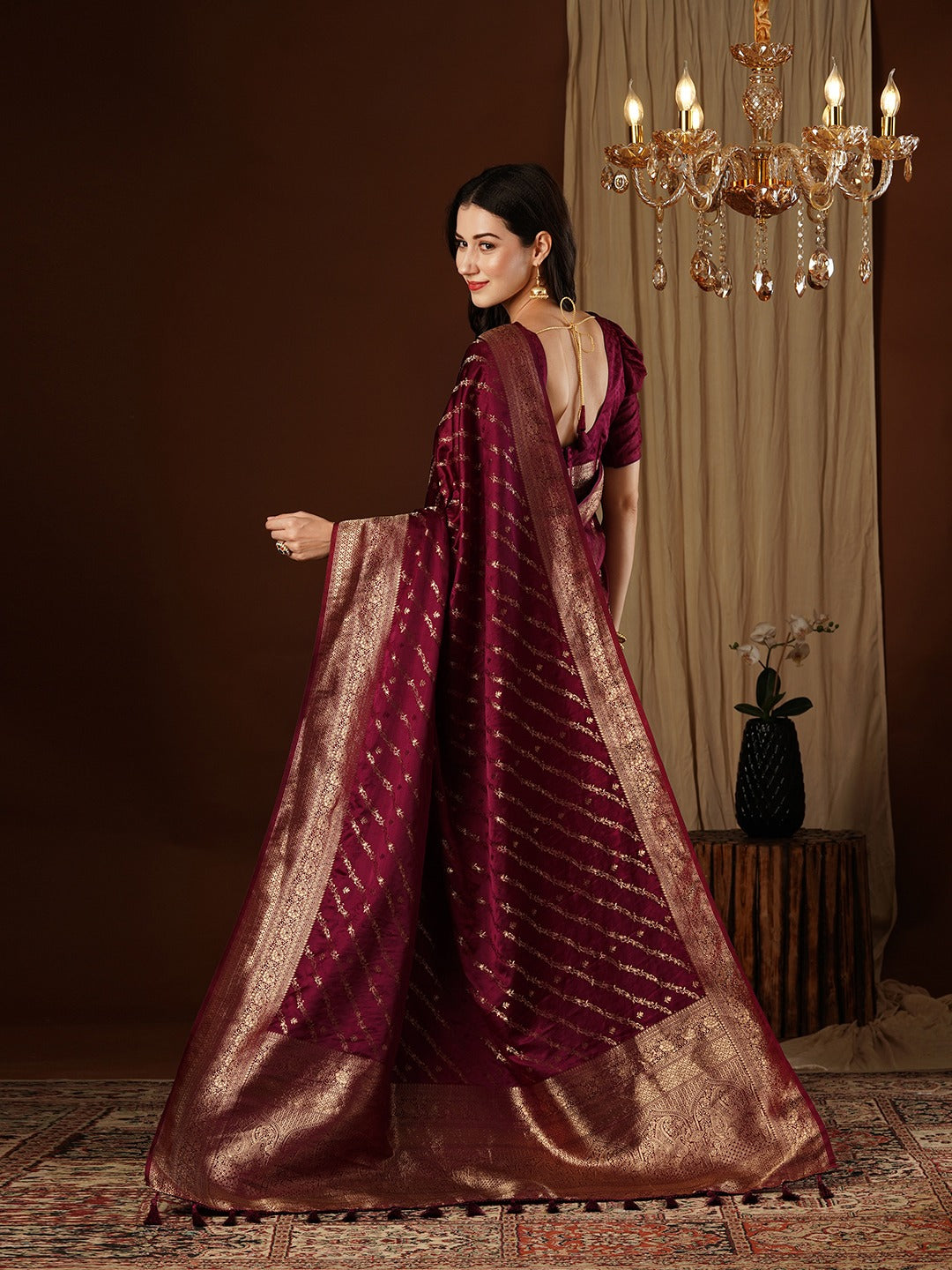 Burgundy Red Woven Kanjivaram Silk Saree
