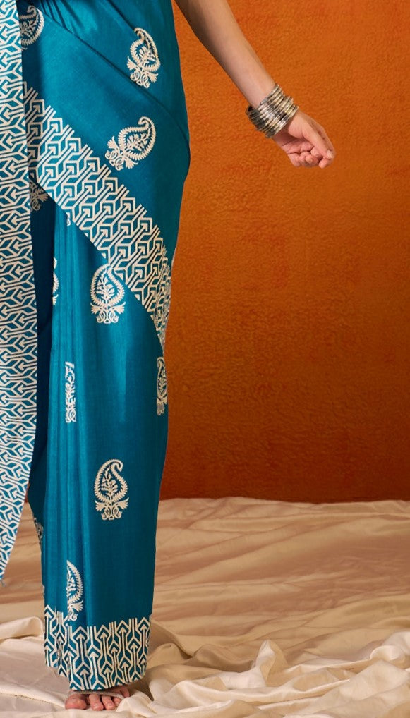 Cobalt Blue Printed Bagru Cotton Saree