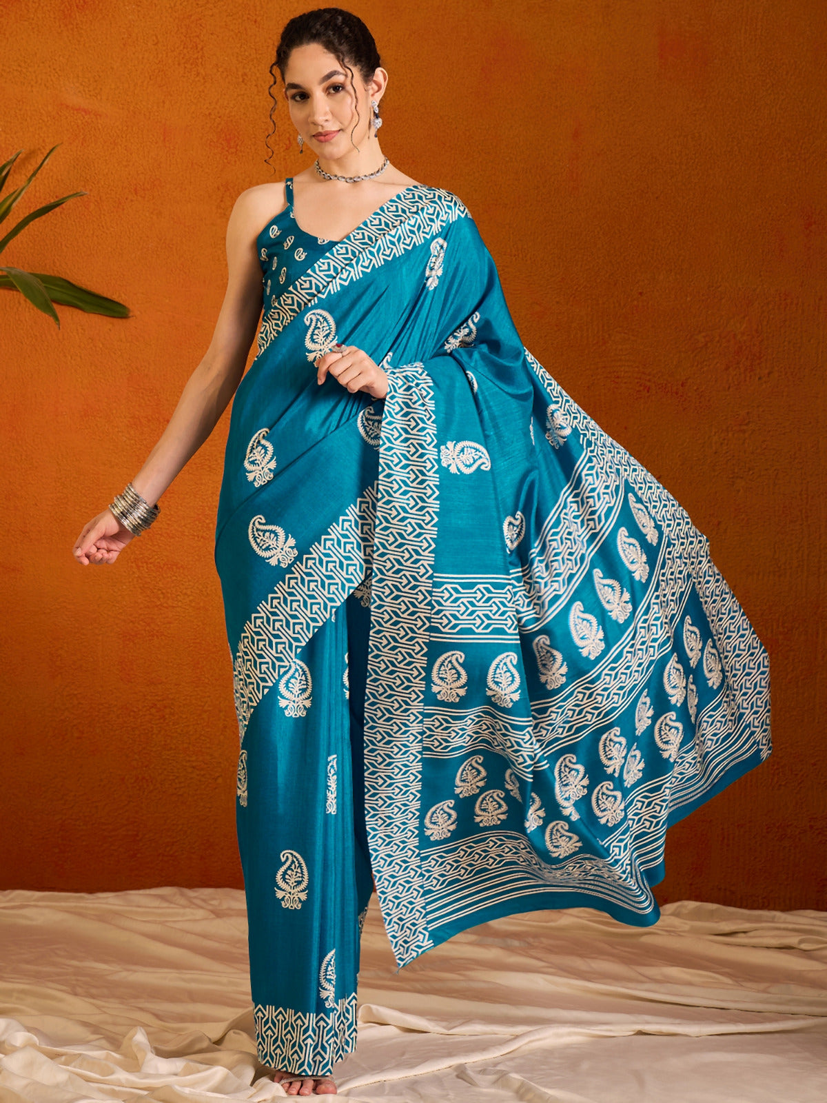 Cobalt Blue Printed Bagru Cotton Saree