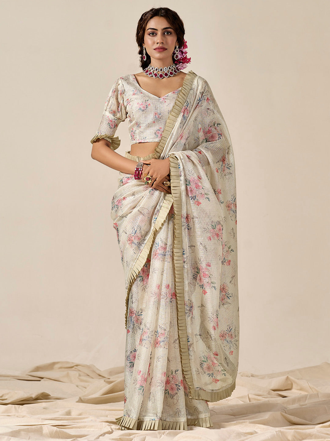Coconut White Kota Cotton Saree