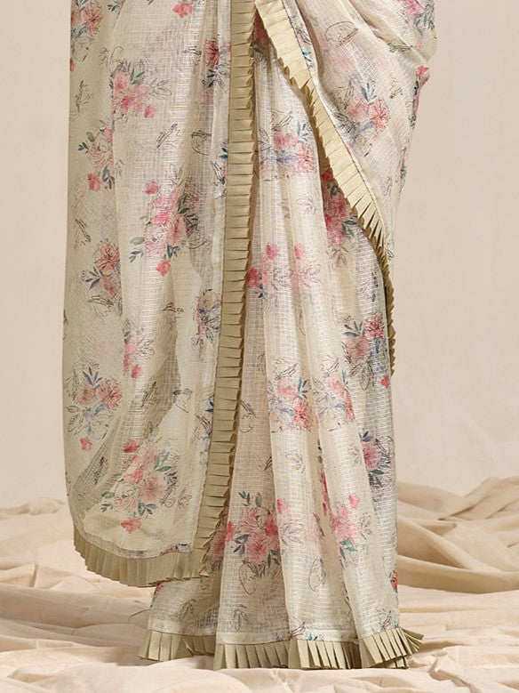 Coconut White Kota Cotton Saree
