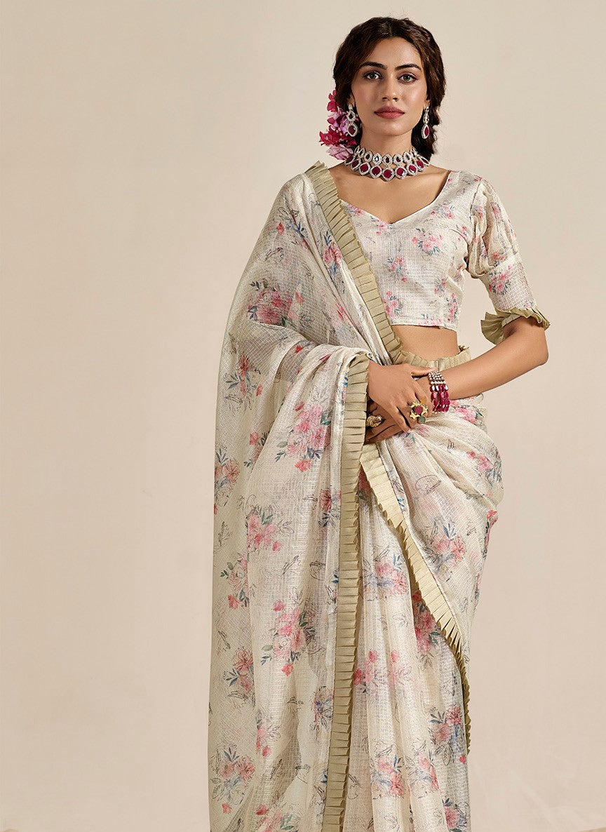 Coconut White Kota Cotton Saree
