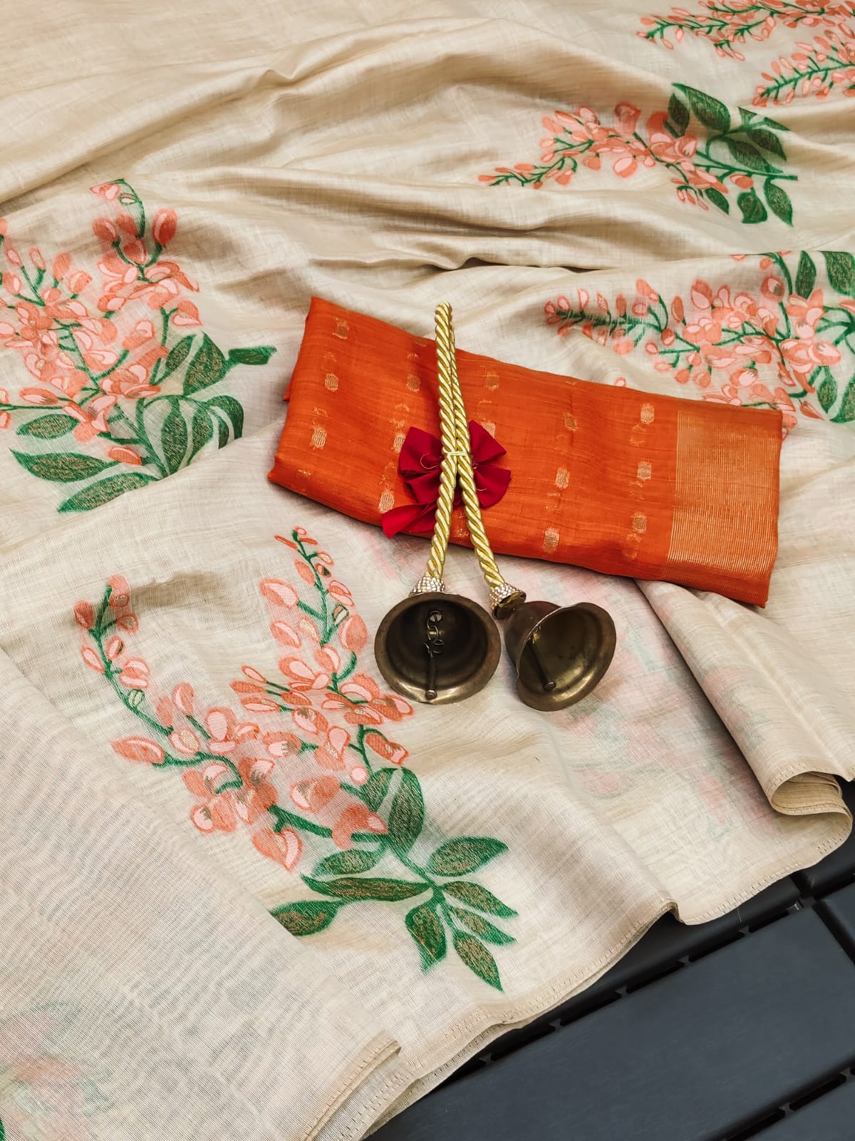 Cream White & Floral Muga Cotton Saree